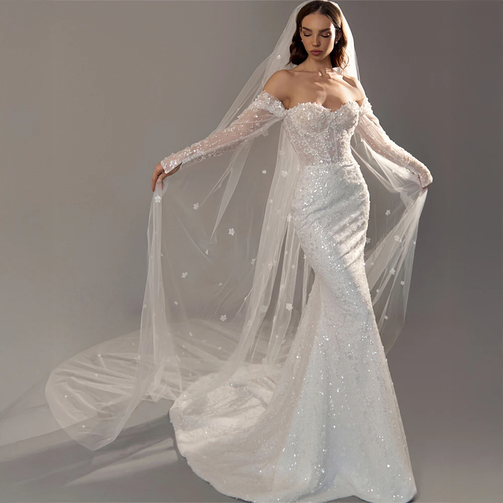 맞춤형 오프숄더 스팽글 머메이드 웨딩드레스 긴팔 신부 드레스 플로럴 베일 화려한 웨딩 가운