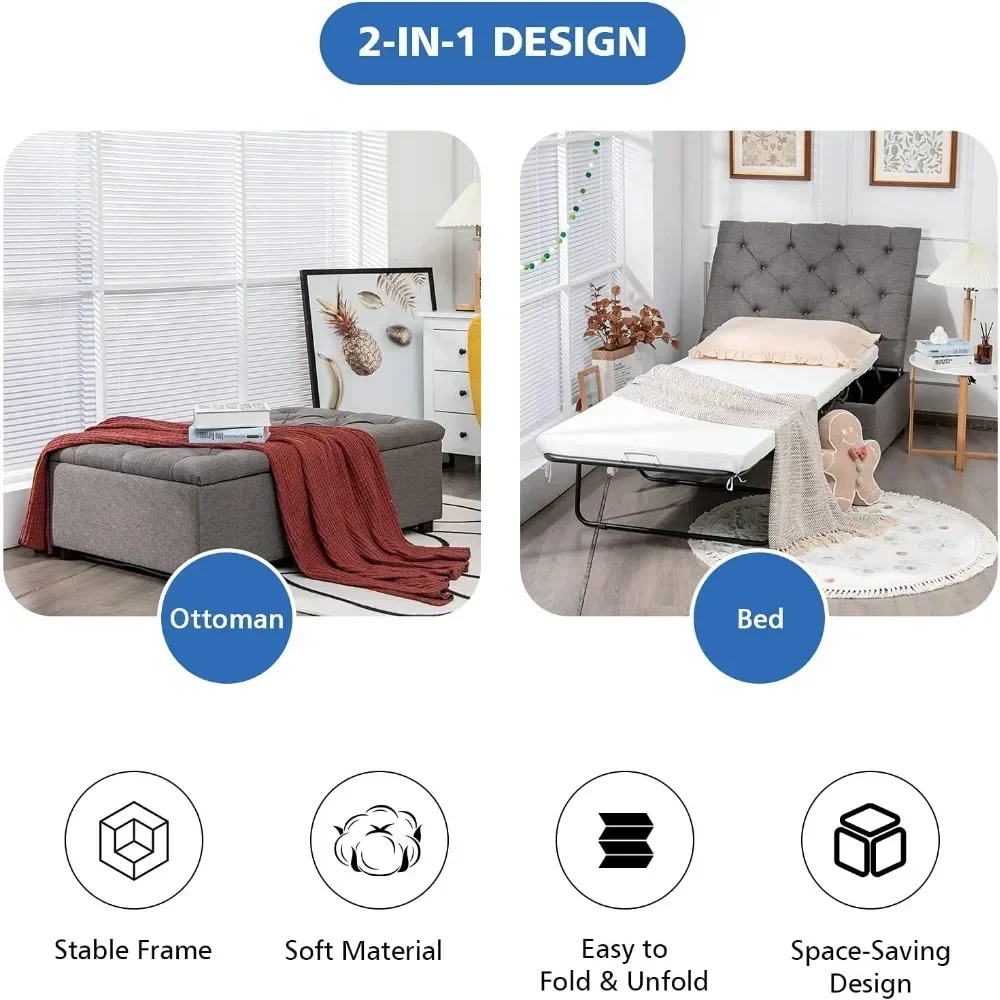 Ottoman Folding Bed, Fold Out Sleeper Bed with Mattress, Convertible Chair into Sofa Bed, Couch Sleeper w/Steel Frame