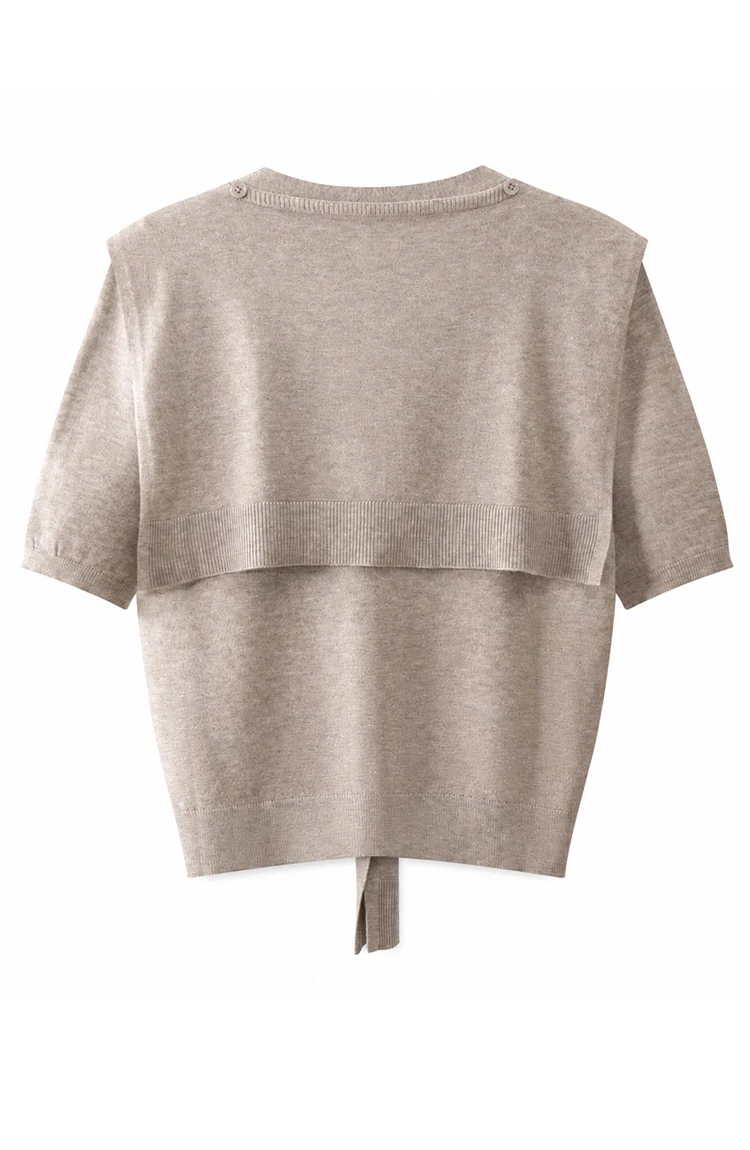 MZ62082 Damen-Strickjacke mit Schalkragen, kurzen Ärmeln, V-Ausschnitt, weicher, einfarbiger Modal-Mischstoff, lässiger Pullover für den frühen Herbst – Detail 17