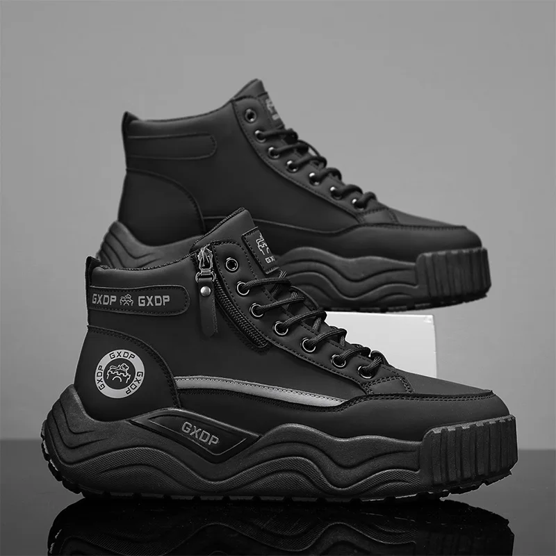 Men High Top White Leather Sneakers A/W 2026, Thick Sole Height Boost Non-slip Durable All-match Daily Casual Sports Shoes view 3