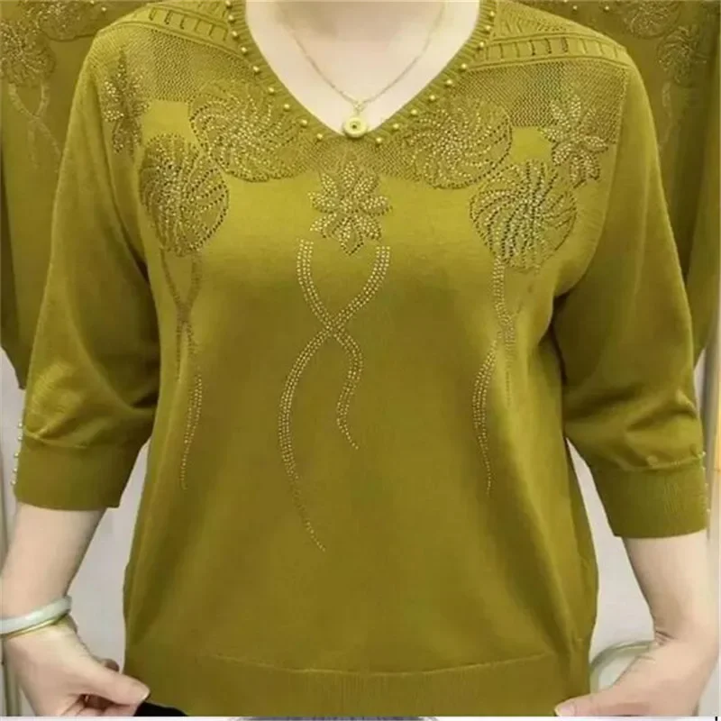 

Korean Vintage Women Clothing 3/4 Sleeve Knitted T-shirt Spring Summer Fashion V-neck Solid Diamonds Loose Casual Tops 2024 New