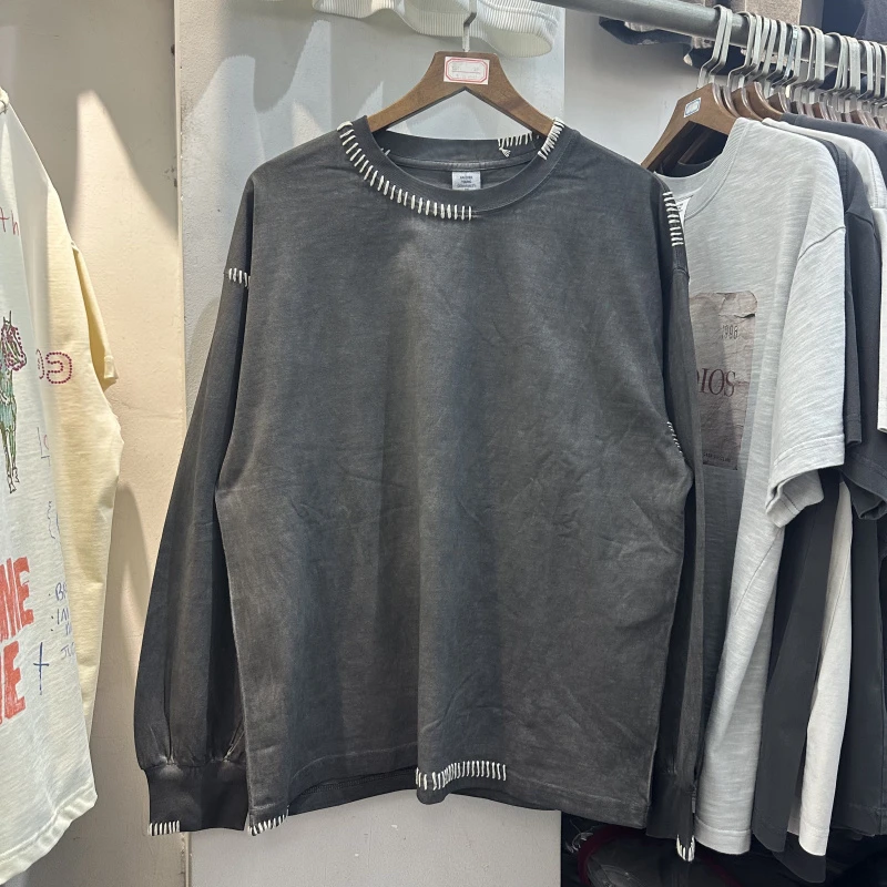 

2025 Autumn Tee New Wash Men Women Loose Long Sleeve T-shirt Dark Grey Cotton High Quality Tops