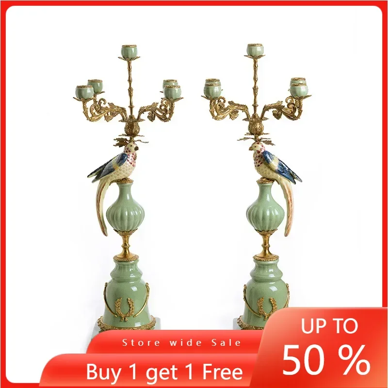 

Home Parrot Porcelain Candlestick Bird Multicolor 5 Head Brass Ceramic Candlestick Wedding Decoration Vintage Arts and Crafts