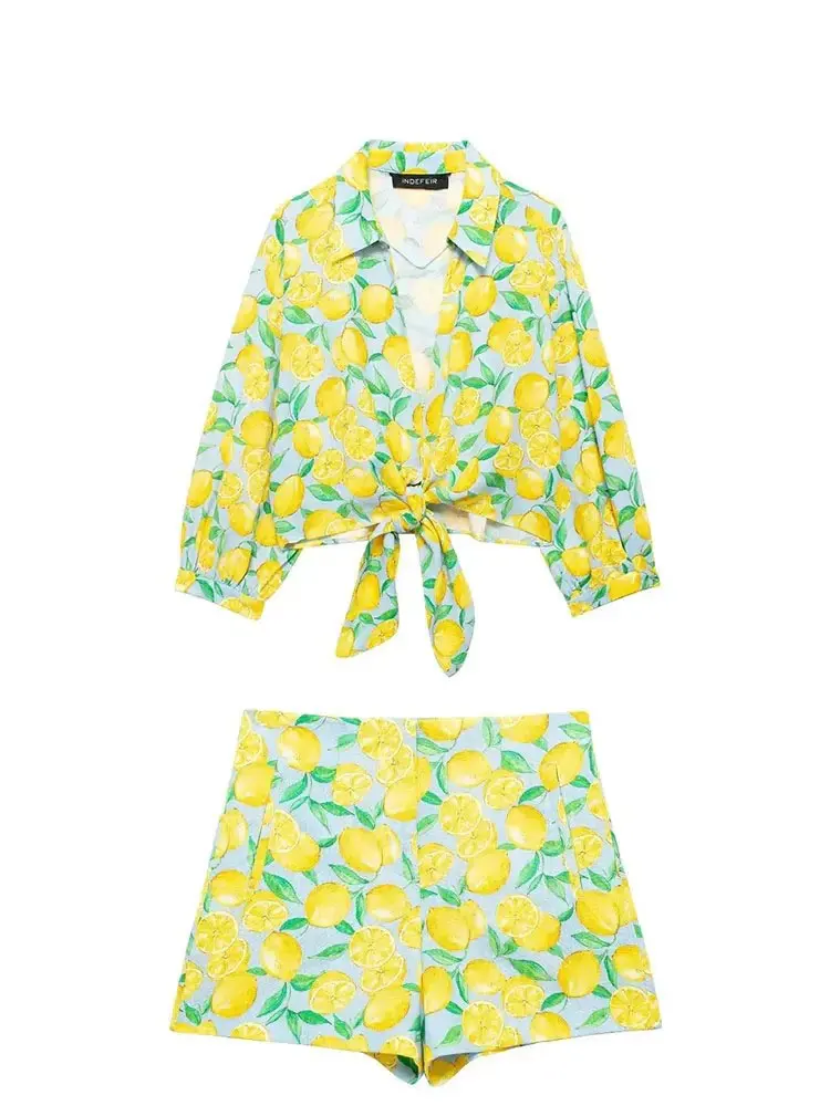 Hh conjuntos de shorts com estampa de frutas para mulheres, blusa fashion com laço, camisa de manga comprida com zíper, shorts femininos, roupa de linho