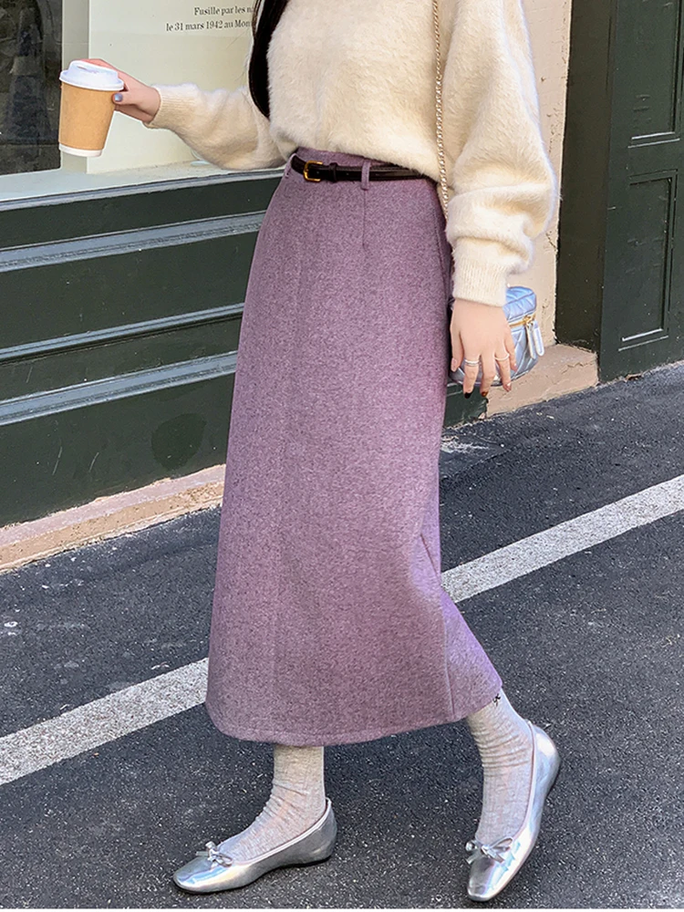 2025 겨울 롱 스커트 여성 빈티지 스트레이트 따뜻한 울 맥시 스커트 여성 벨트 하이 웨이스트 스플릿 오피스 스커트 블랙 그레이 퍼플