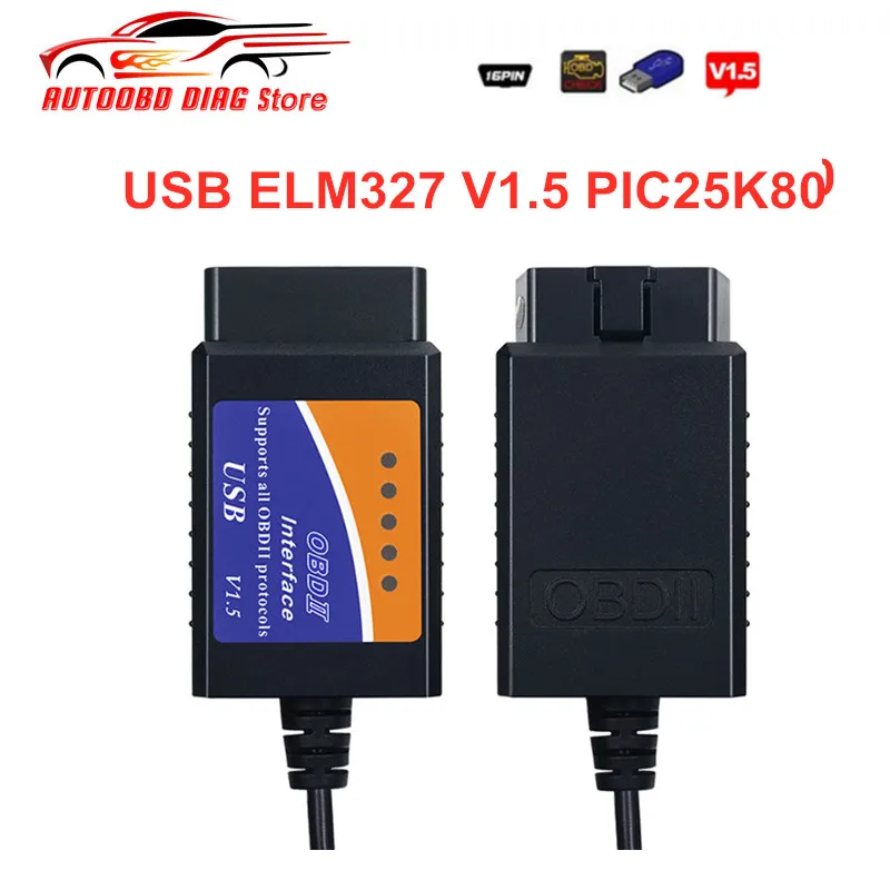 Best ELM327 USB V1.5 PIC18F25K80 Chip Auto Code Reader  OBDII ELM327 USB 1.5 Car Diagnostic Cable Support Many Protocols