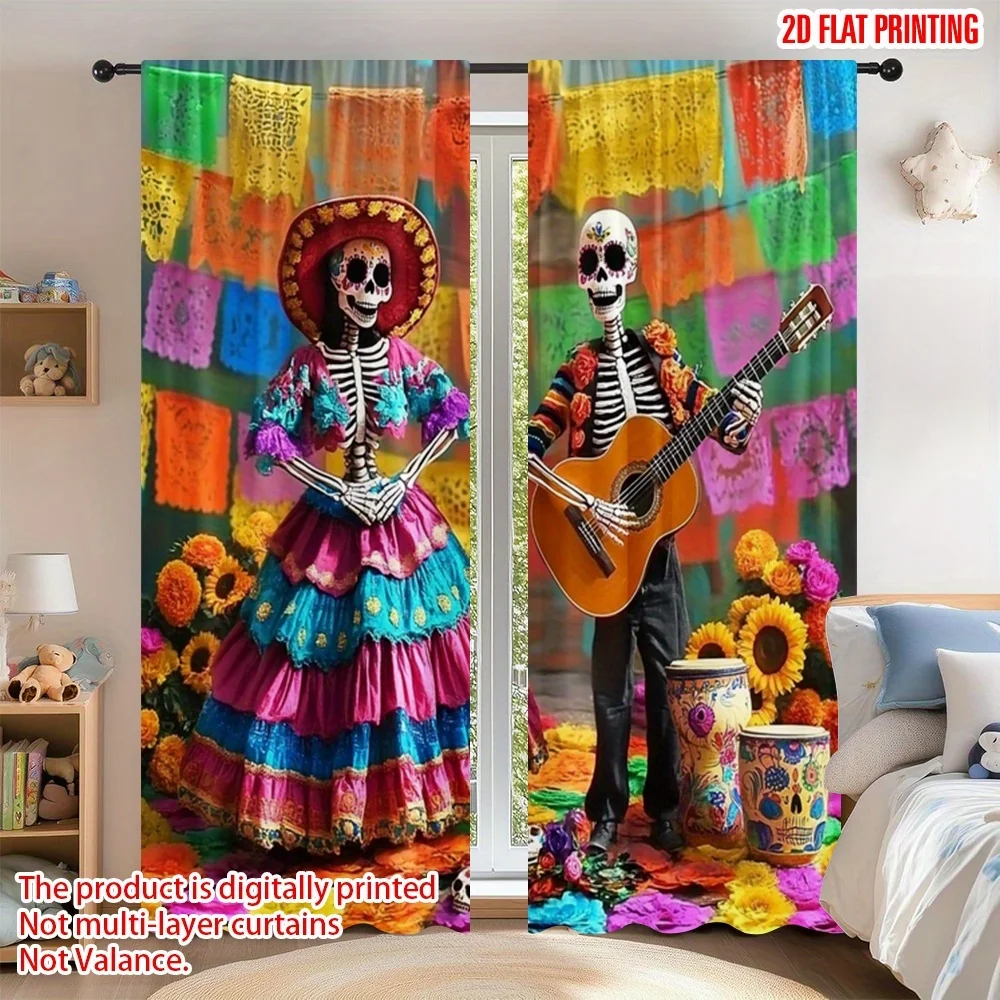 2PCS Halloween Curtains, Day of the Dead Skeleton, Digital Print, Bedroom Living Room, Office, Bathroom, Window Drapes