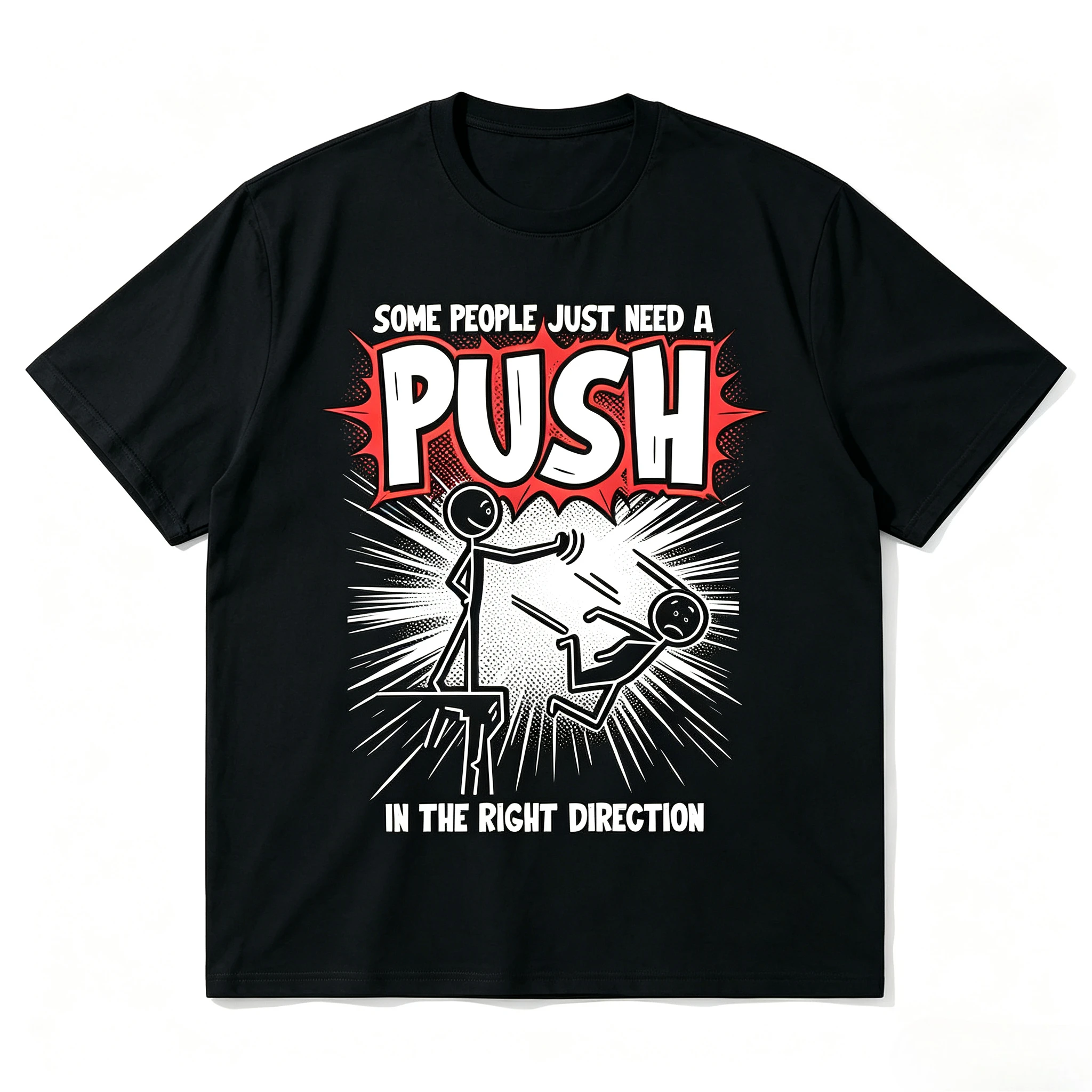 Men Humorous Slogan T‑Shirt Retro Comic Explosion Style Stick Man Cartoon Print Loose‑Fit Casual Novelty Street Tops