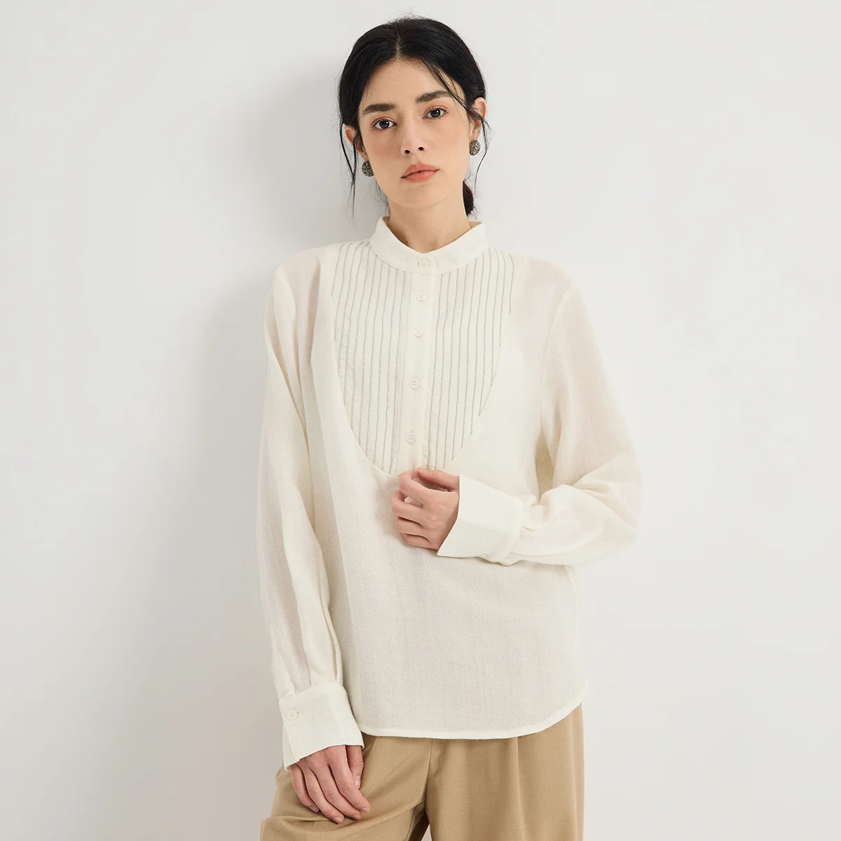 KL9623924 Women's 100% Merino Wool Stand Collar Lurex Bib Stripe Pullover Blouse Relaxed Fit Elegant Top Early Autumn