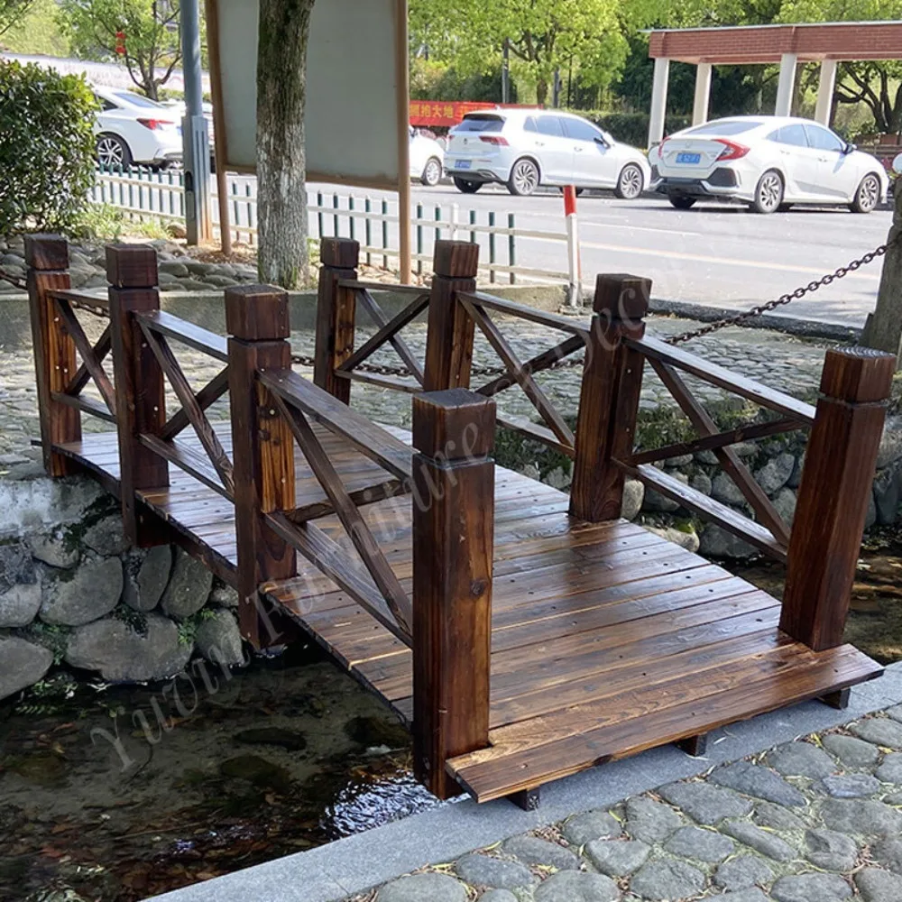 Outdoor Wooden Bridge over Creek Garden Landscape Plank Deck Cross Braced Railings Custom Size for Yard Patio Decoration