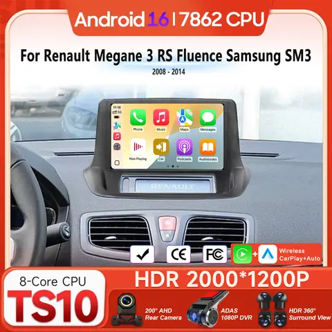 Android 16 For Renault Megane 3 RS Fluence Samsung SM3 2008 - 2014 Car Multimedia Player Carplay Auto Radio Video Navigation GPS