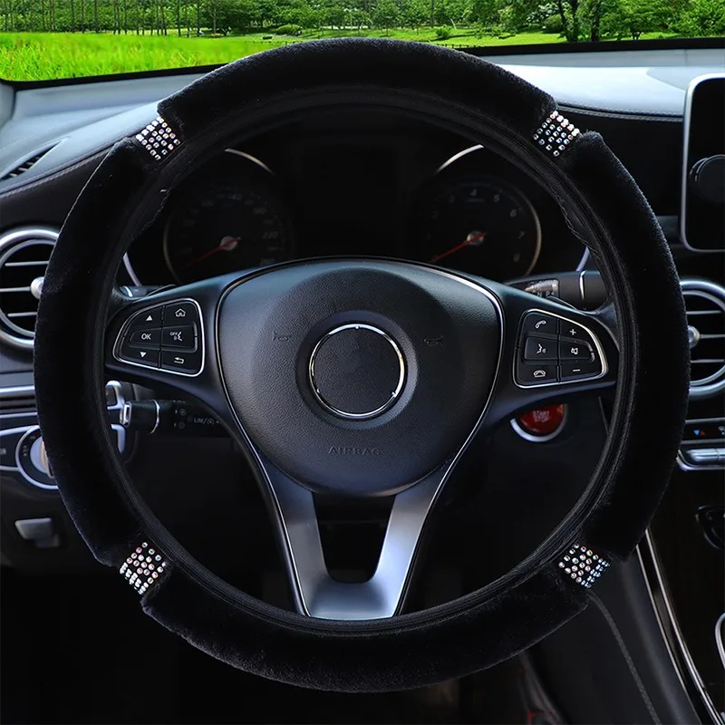 Car Steering Wheel Cover Diameter Soft Plush Rhinestone Diamond-encrusted Car Steering Cover Interior Accessories Universal