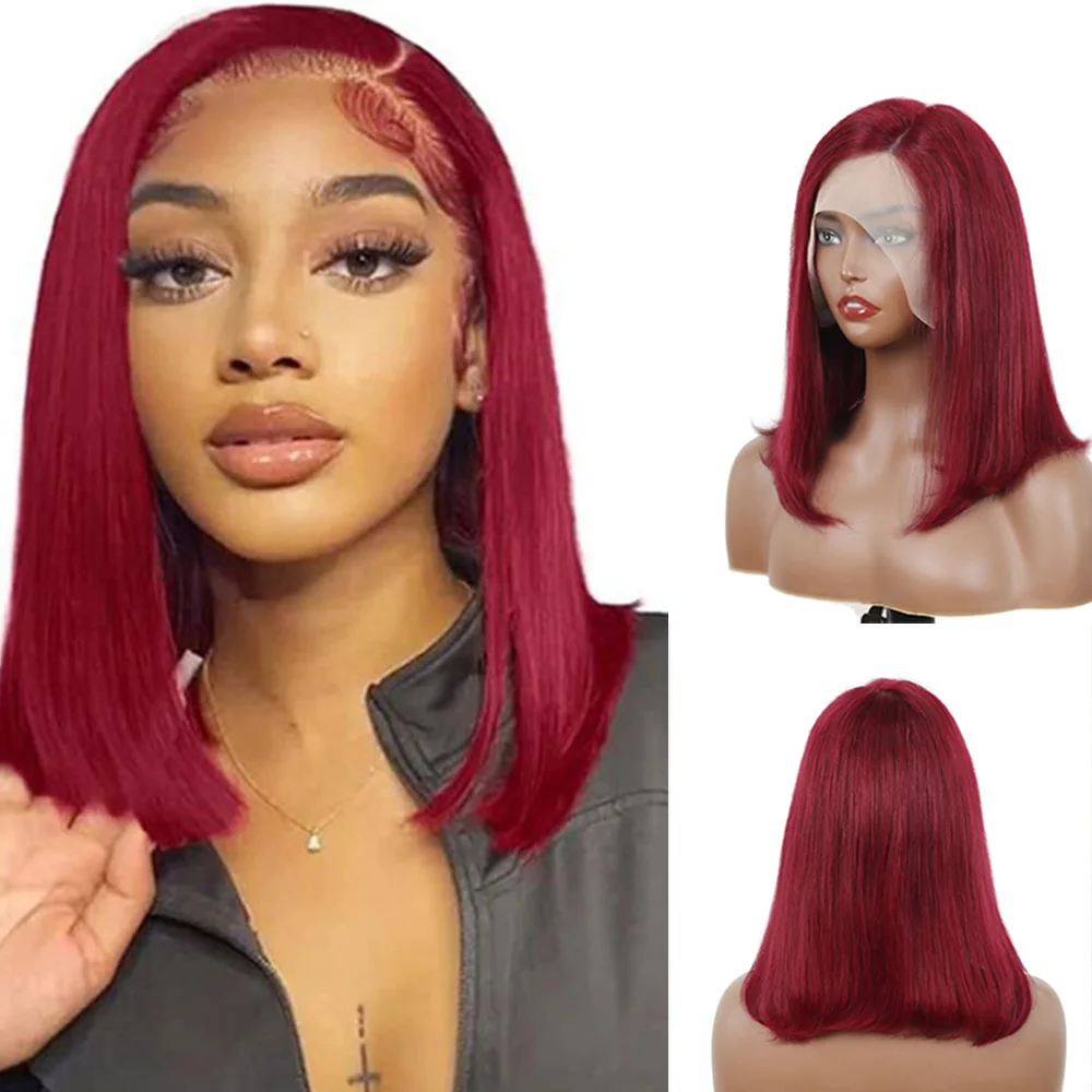 Striaght 99J Burgundy Side Part Lace Short Bob Human Hair Wigs For Women Pre Plucked Natural Hairline Wigs 180% Density