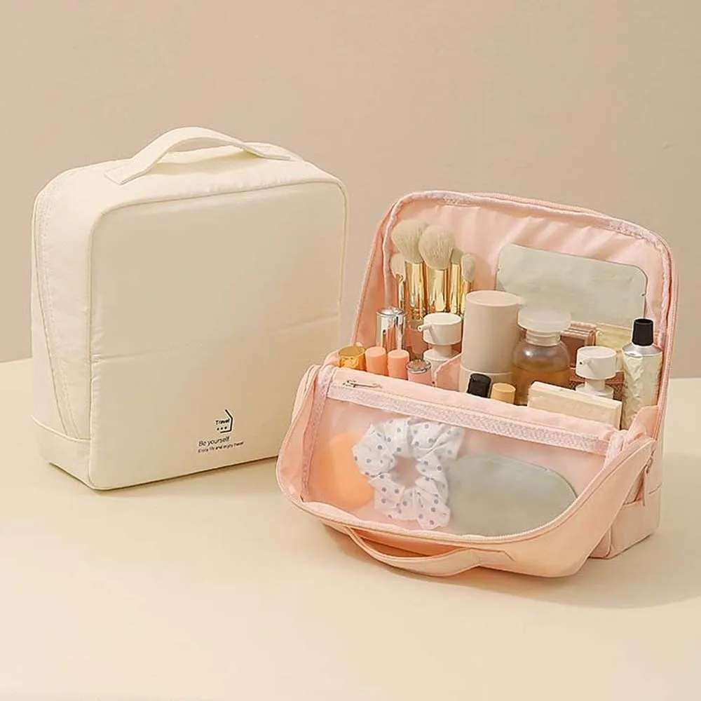 Large Open Standing Makeup Bag Multiple Compartments Waterproof Fabric Cosmetic Pouch Smooth Zipper Clear Window