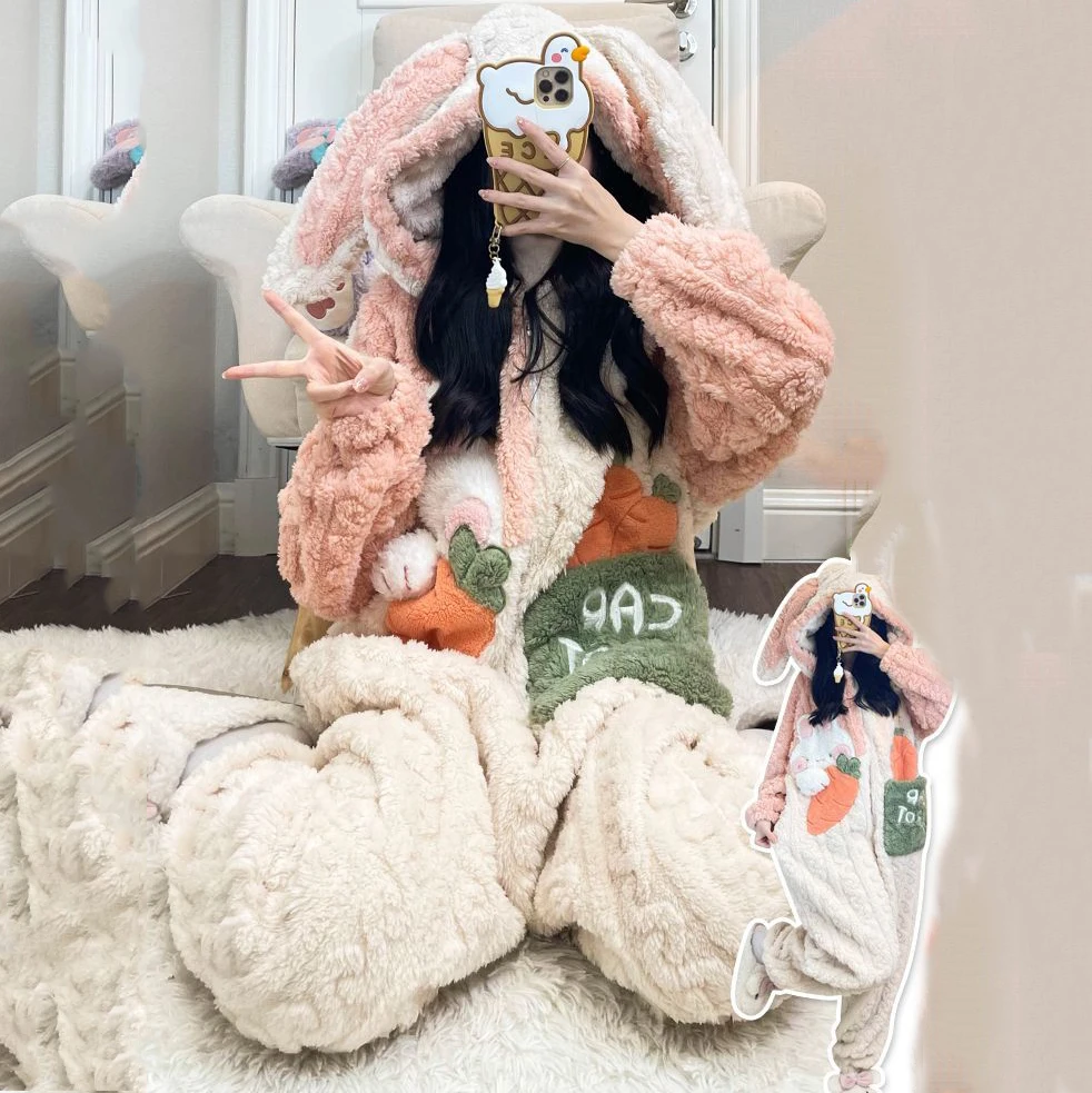 Loose Coral Fleece Jumpsuit Pajama Winter Warm Cartoon Sleepwear Onepieces Nightwear Thickened Flannel Cosplay Rabbit Home Wear