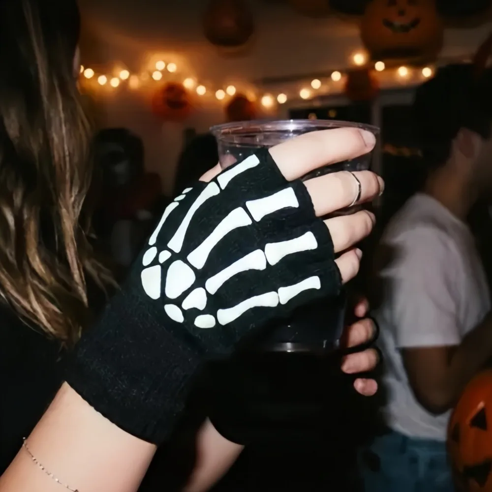 Unisex Halloween Skeleton Skull Half Finger Gloves Acrylic Fiber Glow in The Dark Fingerless Elasticity Gloves Cycling Equipment