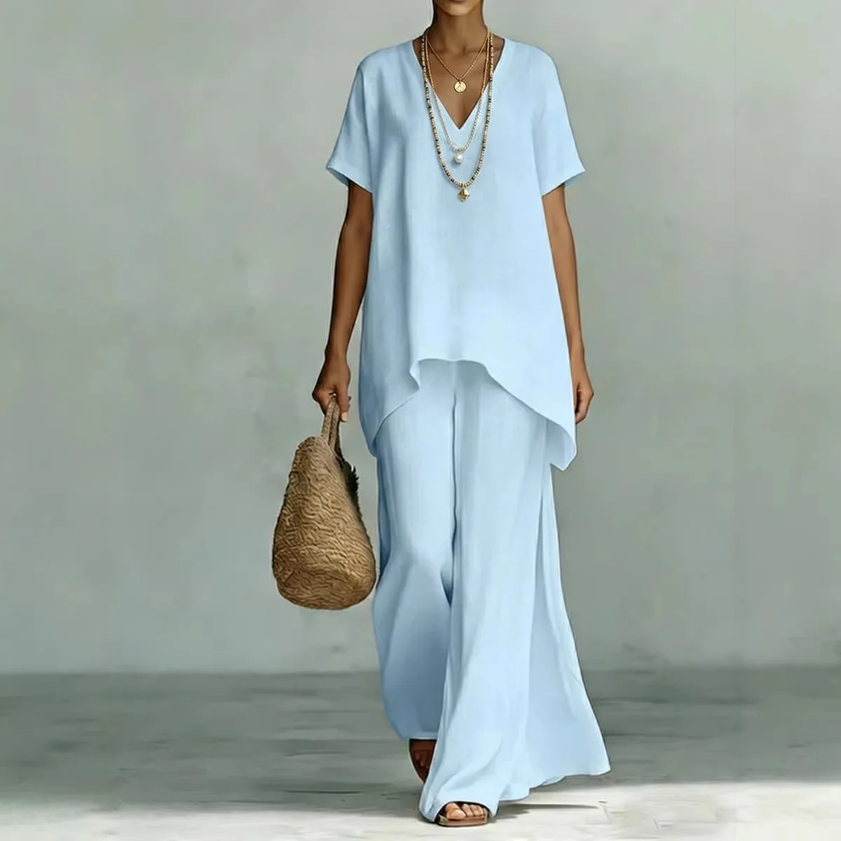 

Women's Light Blue Linen Two Piece Set V Neck Asymmetrical Top Wide Leg Pants Casual Loose Beach Vacation Outfit