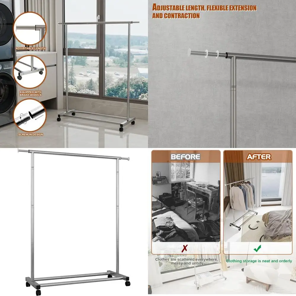 

Portable Silver Rolling Garment Rack - Adjustable & Scalable for Versatile Storage