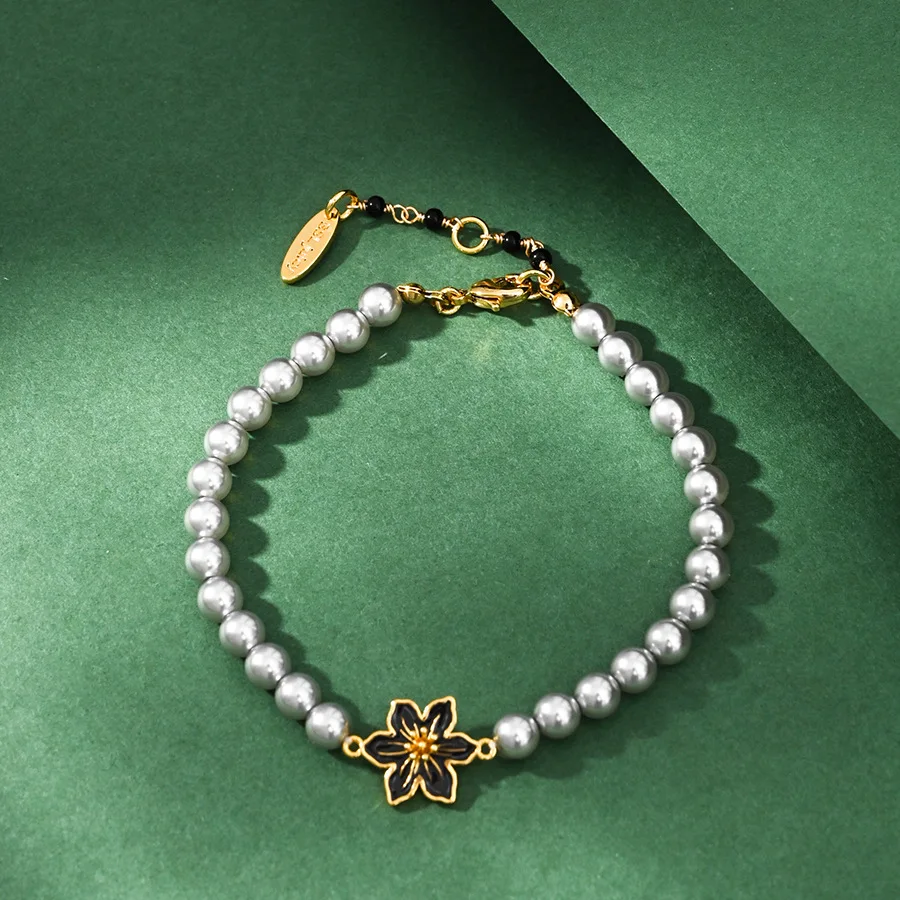

National Style Fashion Enamel Glaze Lily Flower Gray Pearl Beaded Bracelet Light Luxury High-end Temperament Bracelet Jewelry