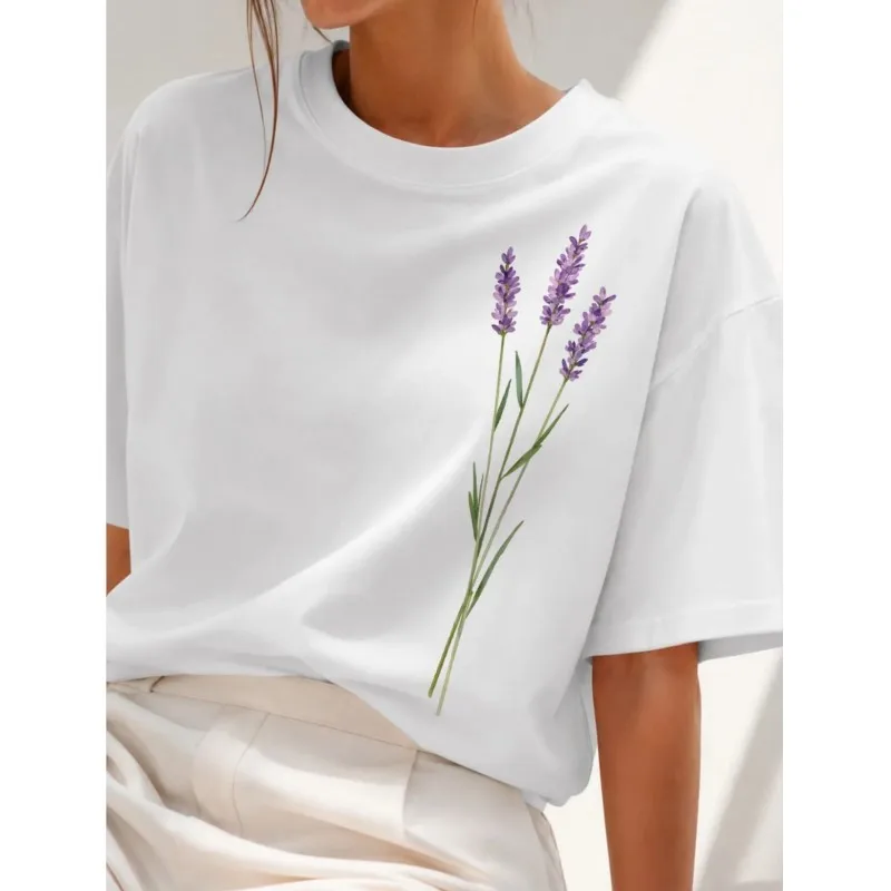 

Pure Cotton Women's T-shirts Print Lavender Loose And Slimming Design White & Black Woman's Short Sleeved Home Office Tops