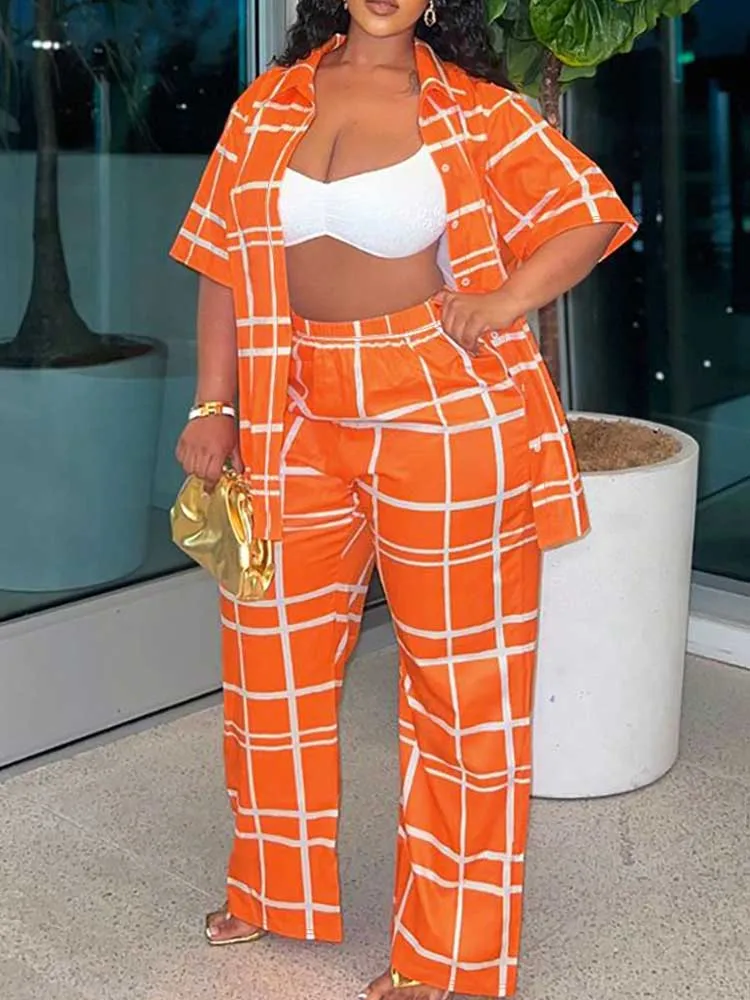 2 Piece Sets Woman Outfit Plus Size Summer Suit Plaid Cardigan Shirt and Trouser Casual Orange Pants Suits Elegant