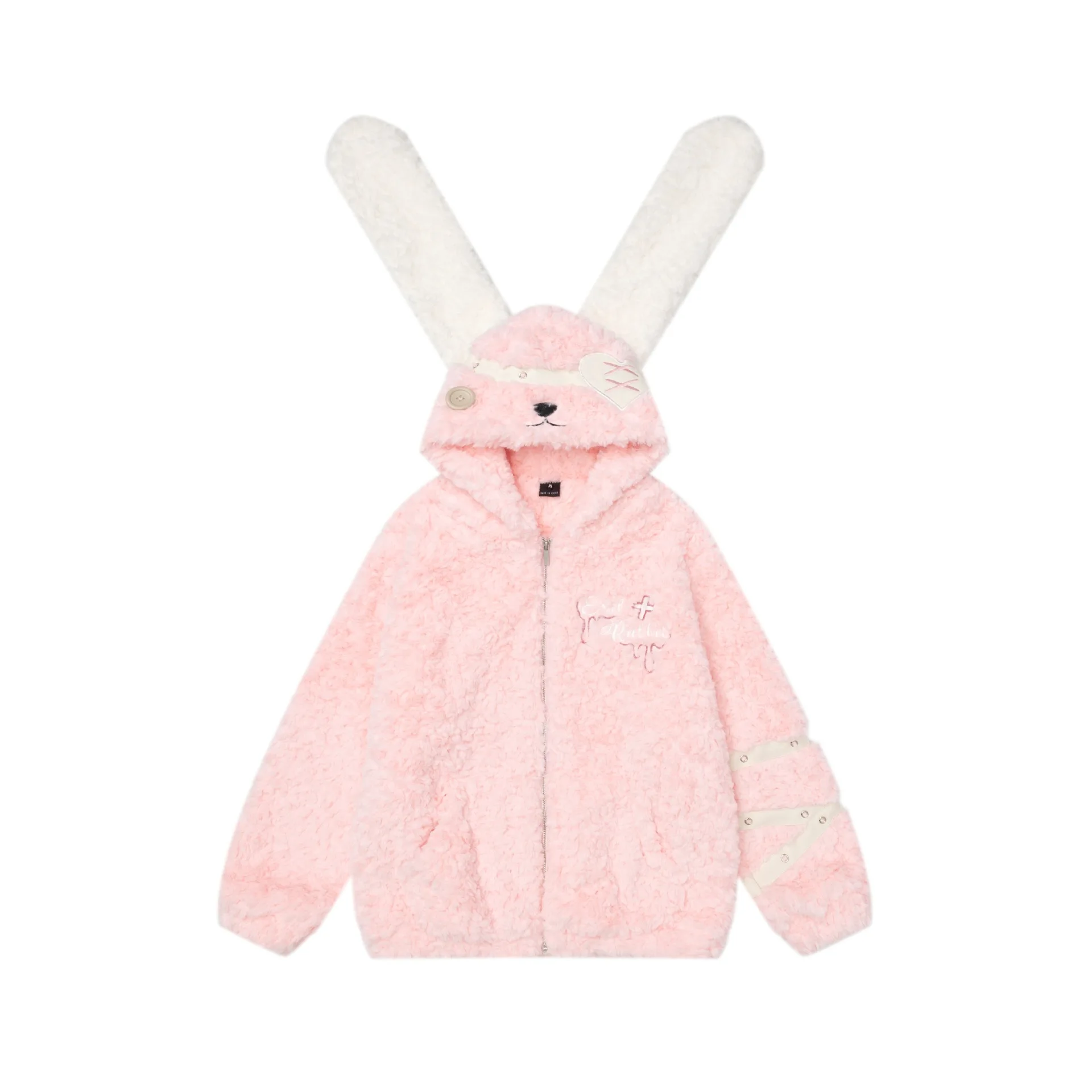 2025 Winter Sweet Cute Style Rabbit Ear Brown Wool Coat Loose Fluffy Soft Warm Casual Hooded Pink English Print Cotton Jacket
