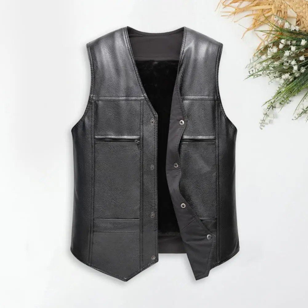 Faux Leather Waistcoat Men Motorcycle Vest Coat Warm Autumn Winter Single Breasted V-neck Sleeveless Jacket