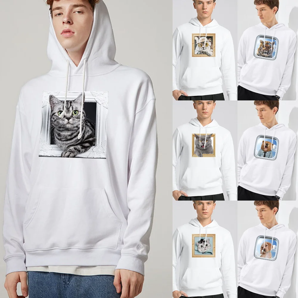 New Fashion Trend Men\'s Hoodie Loose Pocket Sweatshirt White Animal Series Printed Pattern Casual Hip Hop Hoodie Sweatshirt