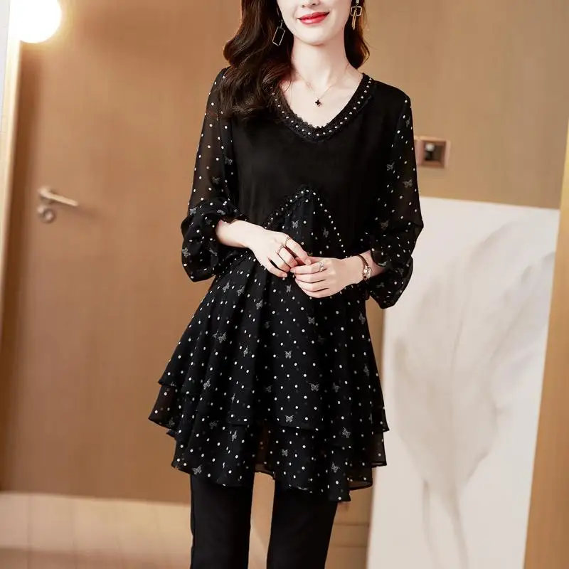 Spring New V-neck Fashion Long Sleeve Blouse Women High Street Casual Loose Polka Dot Printing Pullovers Elegant Mid-length Tops