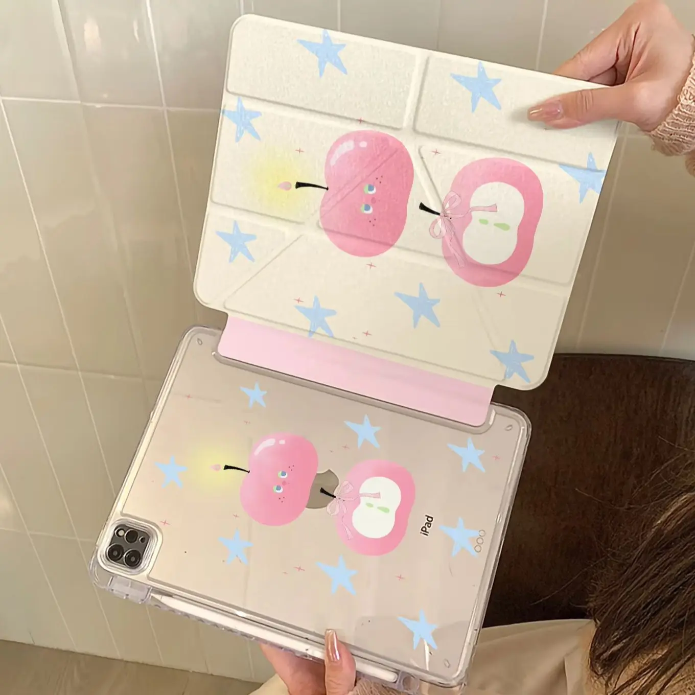 Kawaii Pink Apple Star Y2K Y-Fold Cover For iPad Pro 13 11th M5 M4 12.9 A16 8 7 9th 10th For Ipad Air 11 M2 M3 Mini Tablet Case