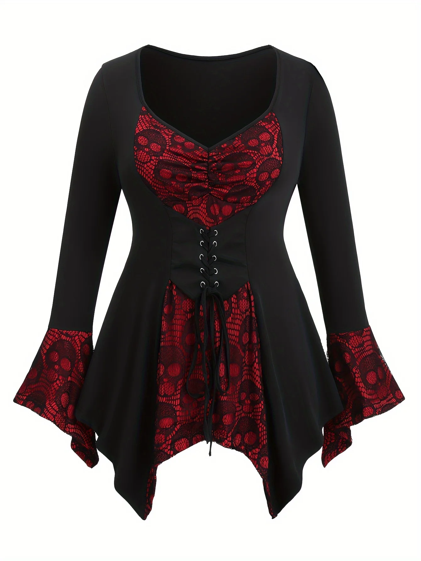 European and American fashion women's Halloween selection Gothic flared sleeves skull lace patchwork irregular T-shirt plus-s