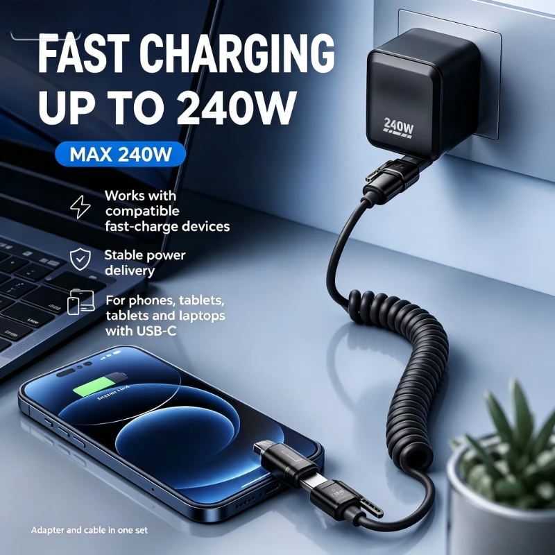 4-in-1 USB Type C Cable Fast Charging Type C To Type C Spring Telescopic Cable for IPhone 15 16 17 Samsung Huawei Xiaomi Wire