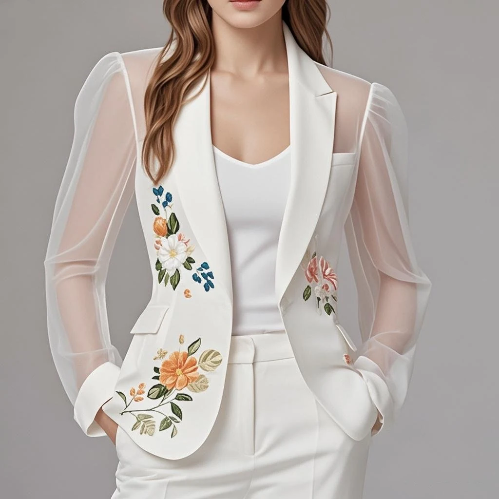 

Women's Designer Blazer Elegant Turn-Down Collar Splicing Transparent Mesh Sleeve Single Button Flower Printed Suit Jacket