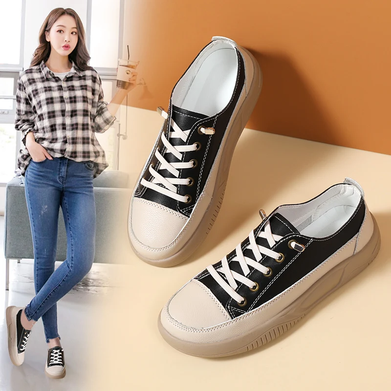 

Женские кожаные кроссовки на платформе с цветными вставками, повседневные прогулочные туфли на шнуровке