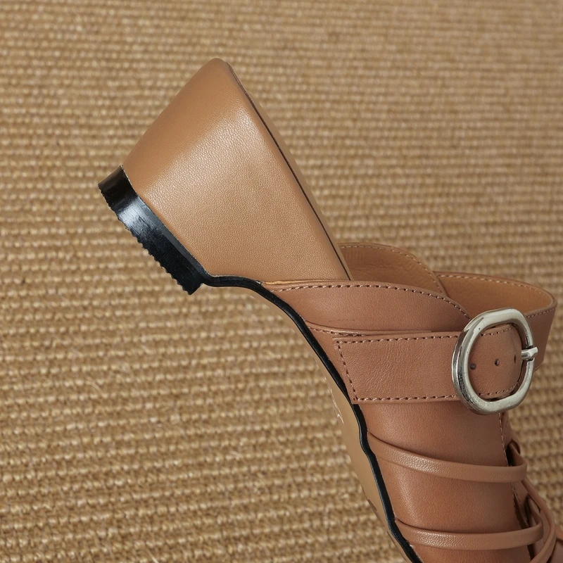 Women's new summer genuine leather cowhide hollow breathable toe cap retro high heels Mueller shoes fashion slippers view 5