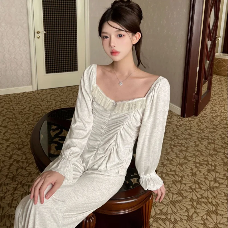 2025 Autumn Winter French Ice Silk Women Two Piece Set Sweet Comfortable Wrinkle  Square Neck Lace Nightgown Sleepwear Homesuit