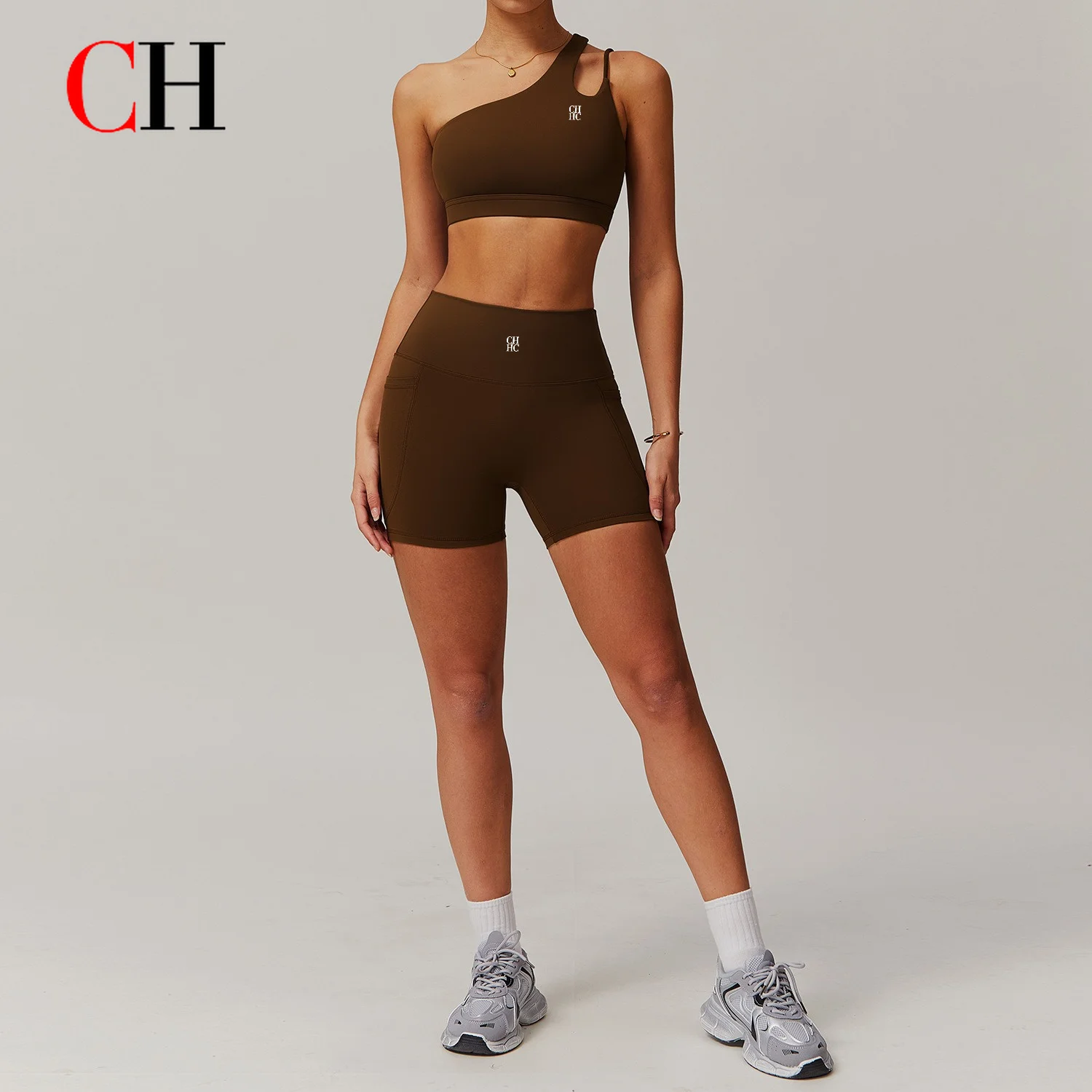 CH Breathable Cloud-feel Quick-dry Tight Yoga Wear With Pockets Running Sports Diagonal Shoulder Bare-feel Fitness Set For Women
