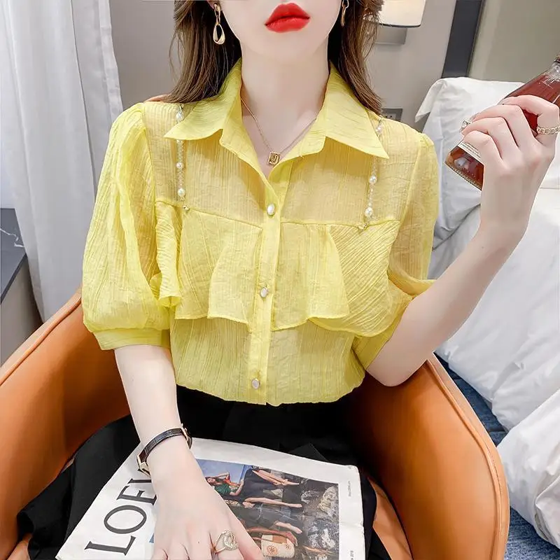 High End Ruffled Edge Beading Short Sleeved Shirt for Women's Summer New French Style Age Reducing Trendy Chiffon Top for Women