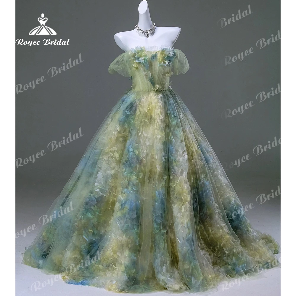 Dreamy Gradient Petal Tulle Prom Dress Ball Gown Evening Dress Off Shoulder Puff Sleeve Women's Formal Evening Gowns Customized