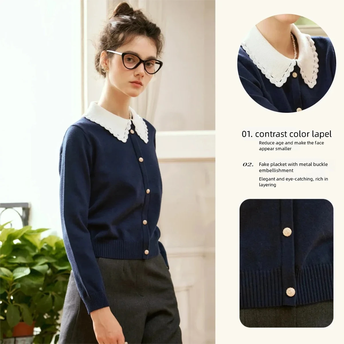 OLrain المرأة تريكو البلوز 2025 الخريف الفرنسية المتناقضة اللون محبوك سترة الصلبة موضة عادية قصيرة البلوز N56QZ86538