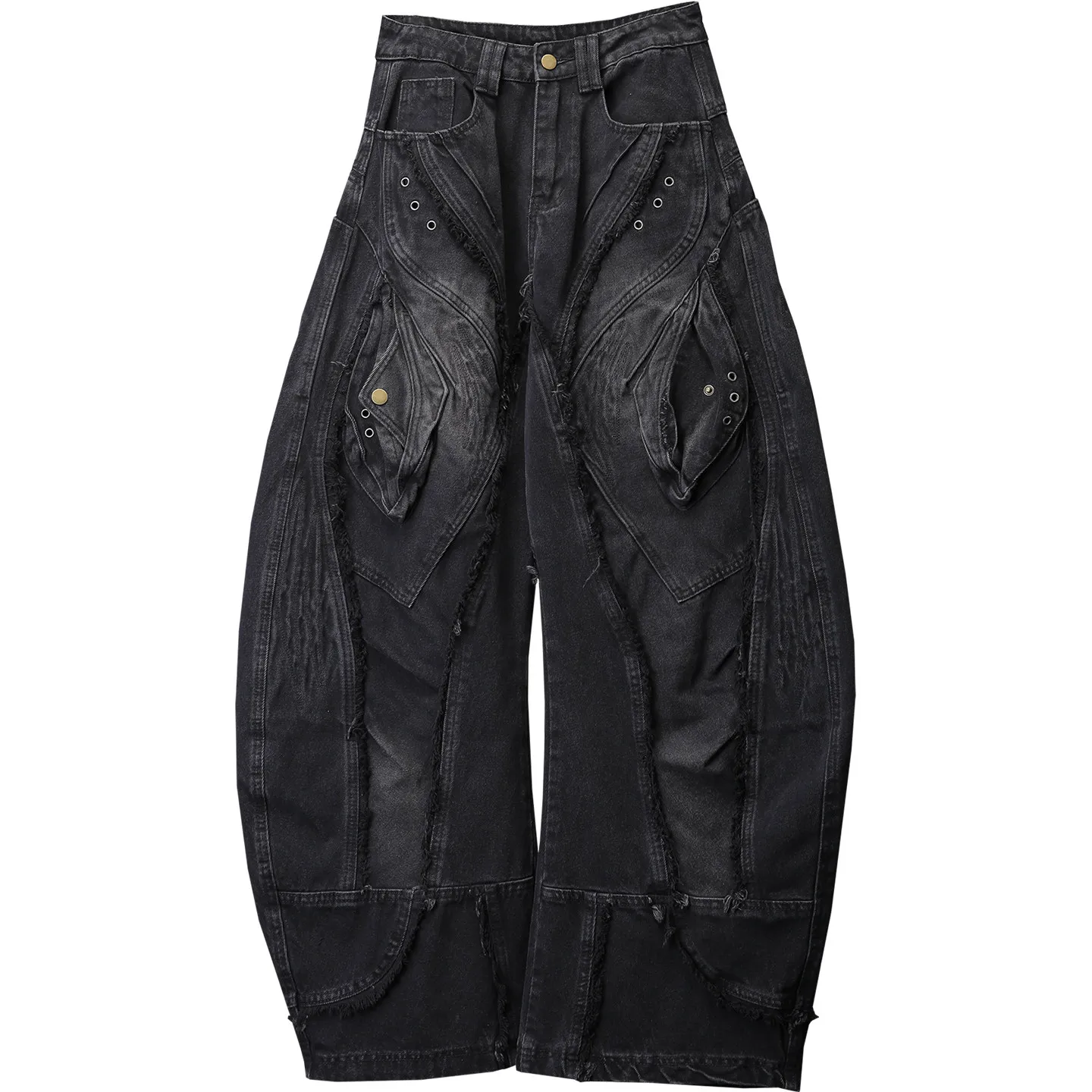 Designer Wasteland-style subculture dark heavy-duty patchwork wide leg loose burrs tassels distressed machete jeans for men