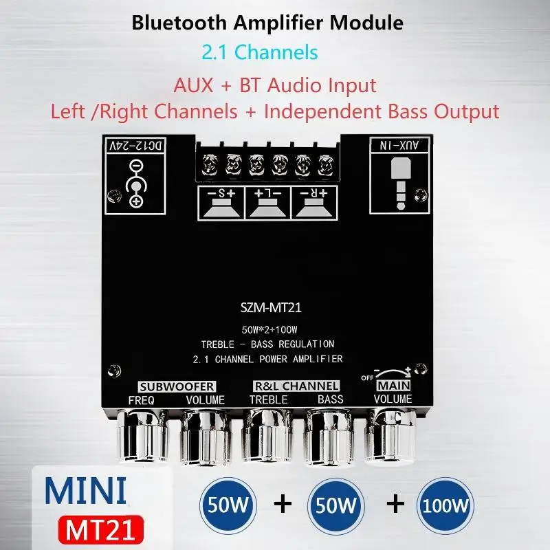 

Модуль цифрового усилителя постоянного тока 12-24 В, левый/правый канал + выход сабвуфера, аудиовход BT SZM и AUX для громкоговорителя 20-100 Вт, 4-8 Ом