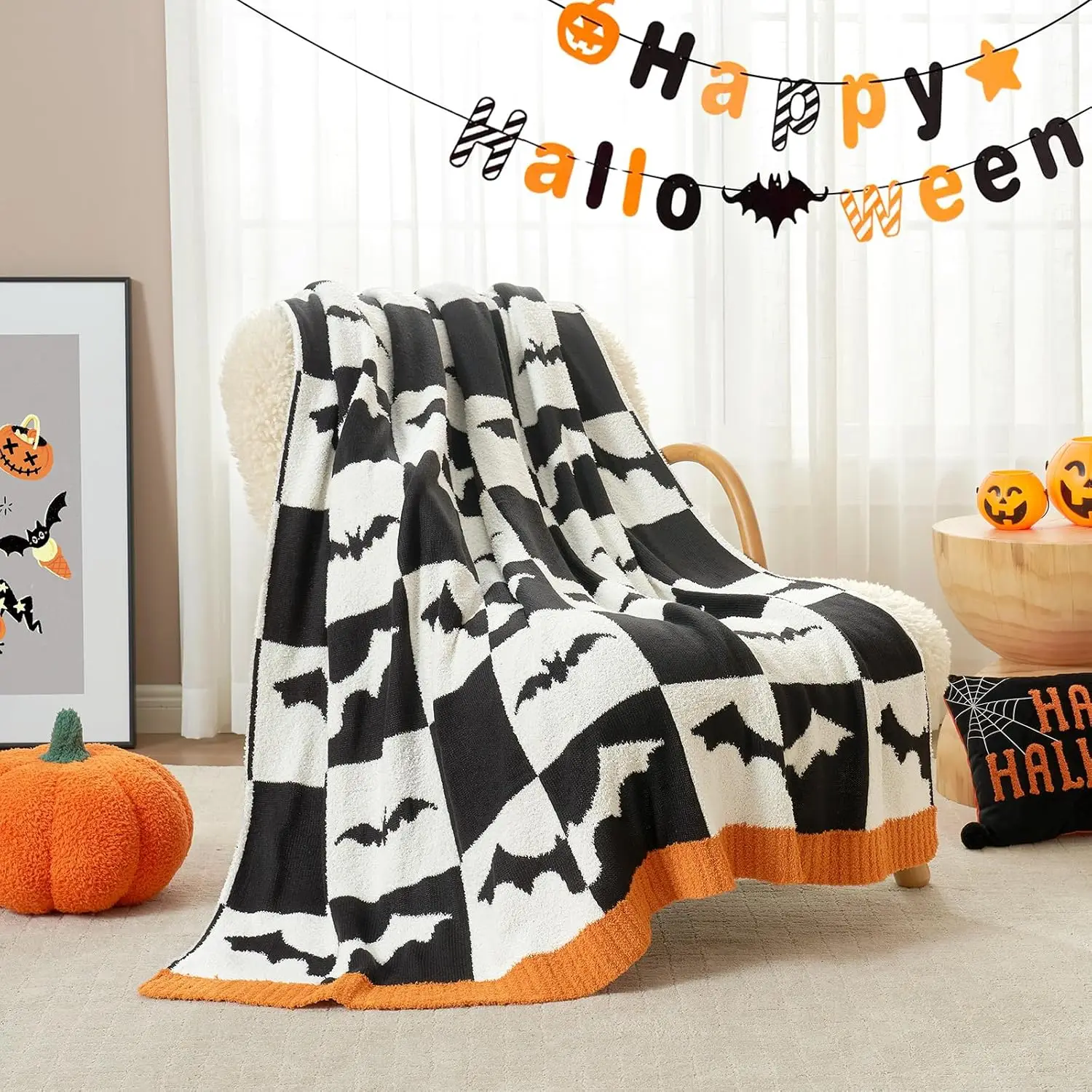 Snuggle Sac Halloween Throw Blanket Black White Checkered Bat Blanket Ultra Soft Decorative Blanket for Couch x Inches