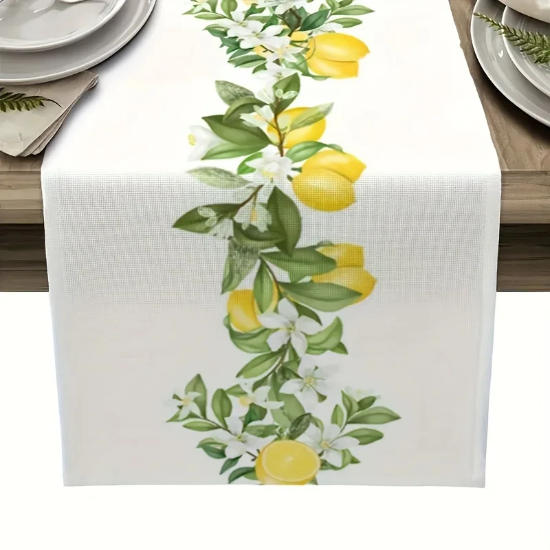 Spring Theme Lemon Pattern Linen Table Runner Home Party Decor Seasonal Summer Kitchen Dining Table Runners Dining Table Decor