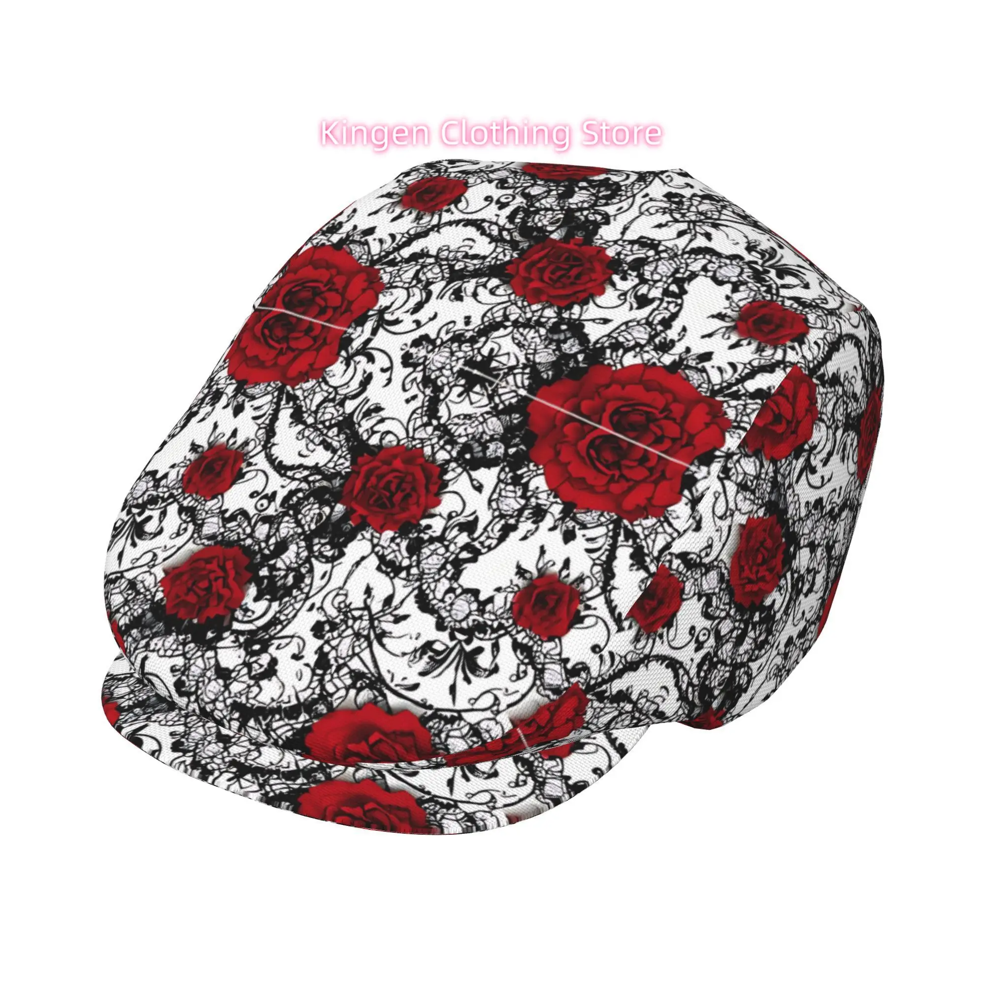 Black Lace Red Roses Men And Women Adjustable Flat Cap Newsboy Beret Ivy Cap Irish Cabbie Fishing Hats Forward Caps Gatsby Caps