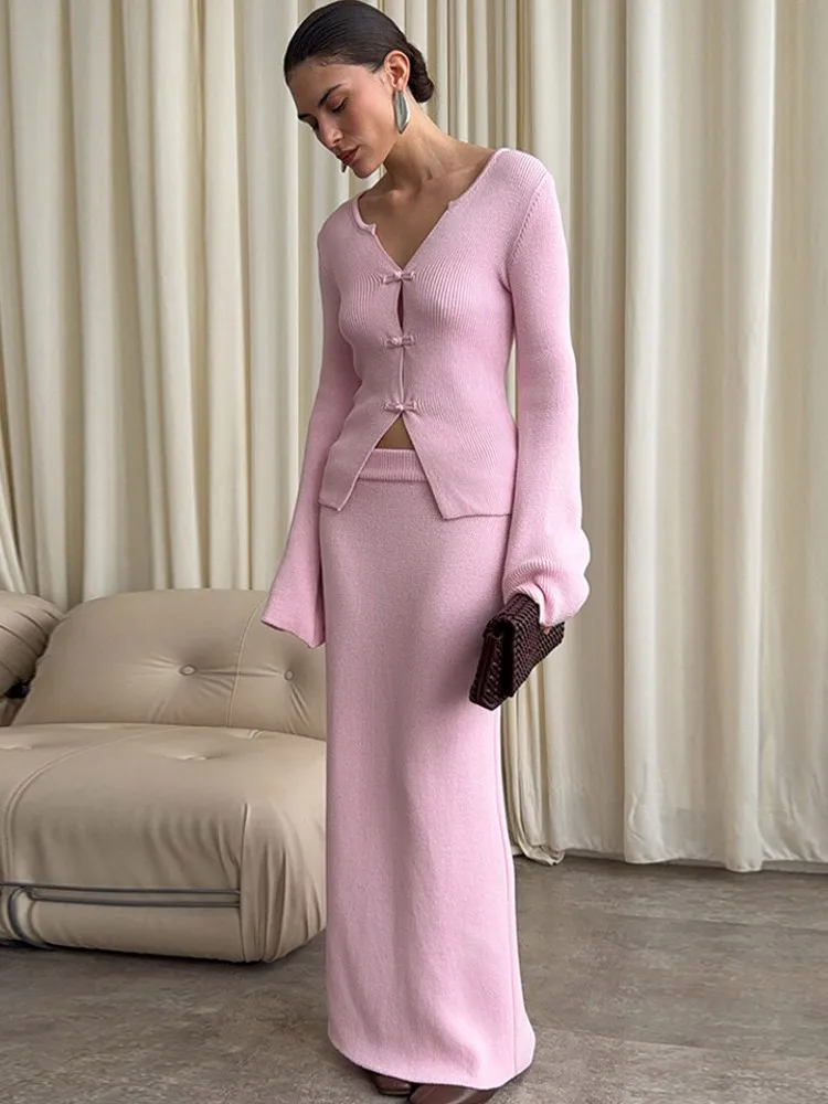 Women'S Autumn Winter Knited 2 Two Pieces Sets Suit Long Sleeve Single Breasted Sweater Tops And Maxi Skirt Matching Sets