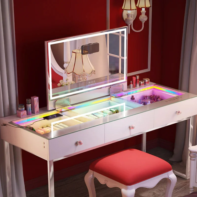 

Hollywood Makeup Vanity Mirror With Led Strip Lights Remote Control Camera Self-timer Wall Mount White