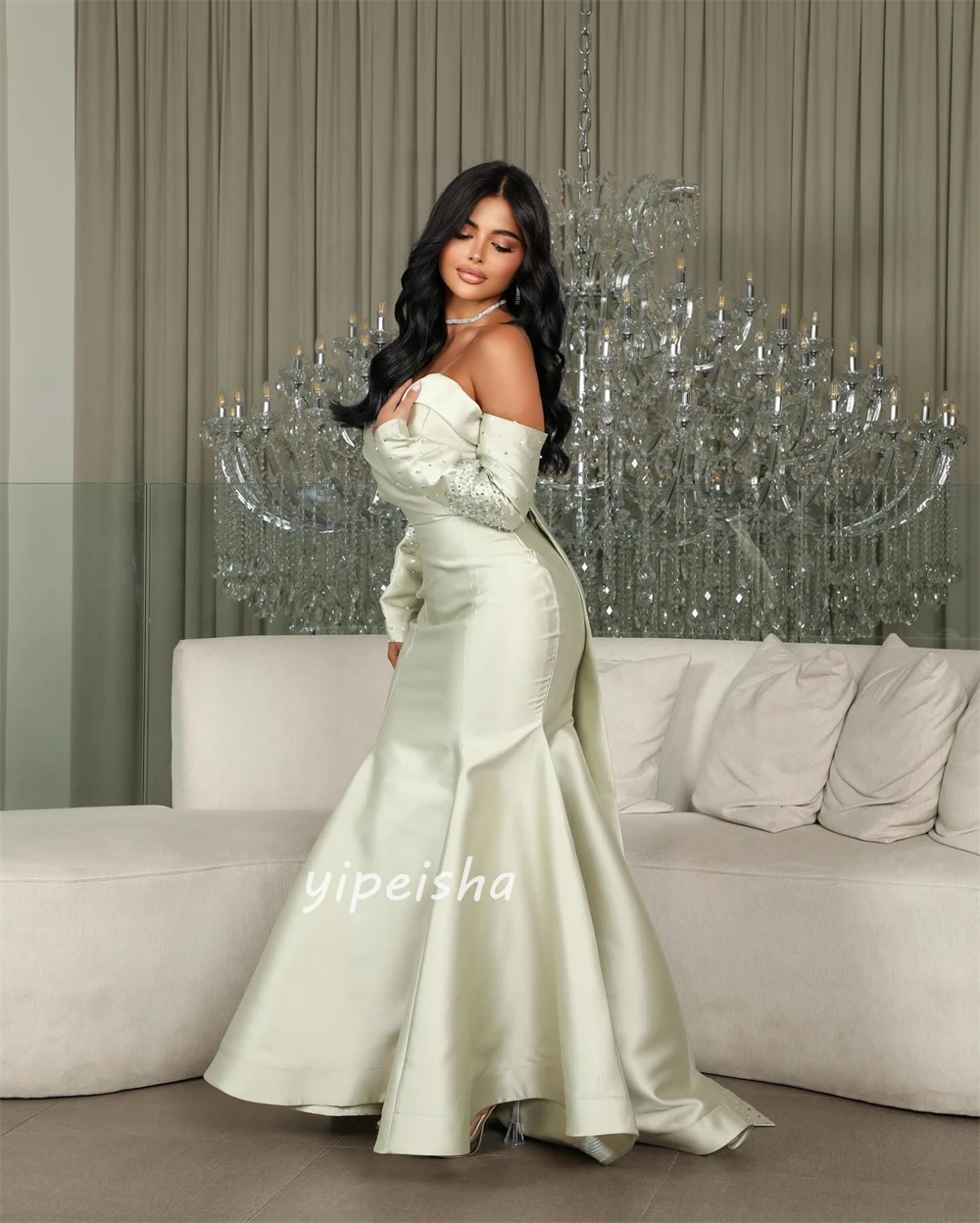 Customized High Quality Formal Charmeuse Beading Ruched Mermaid Off-the-shoulder Midi Dresses Bespoke Occasion Dresses Matching