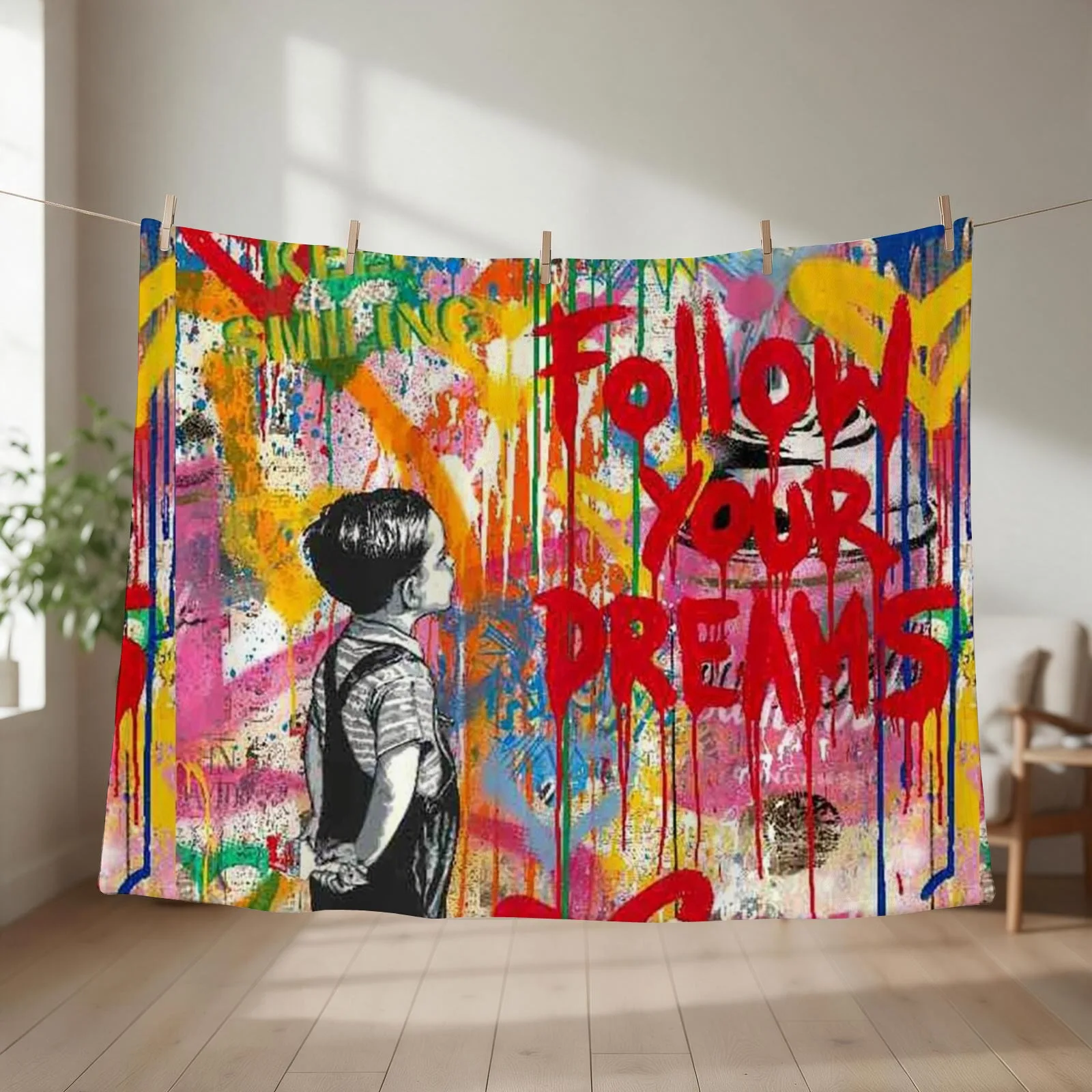 Follow Your Dreams Boy Street Art Collage Slogan Throw Blanket couch cozy soft plush fuzzy picnic outdoor blanket