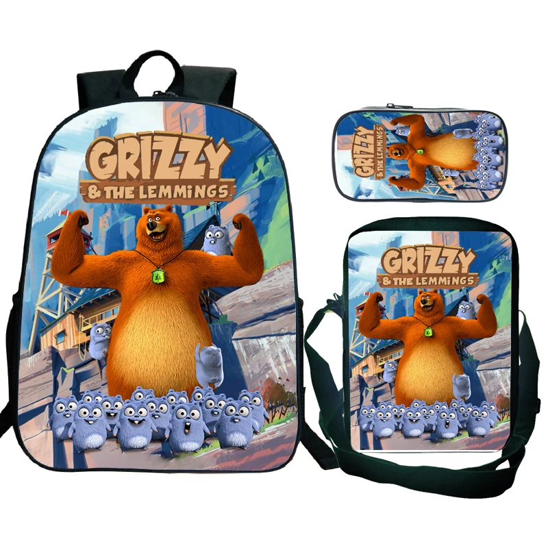 3pcs/Set Grizzy and the Lemmings Backpack Boy Girl Cartoon Rucksack with Pencil Case Shoulder Bag Children Schoolbag Gift